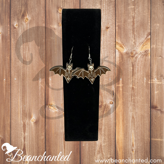 Wood Earrings Halloween SKELETON BAT