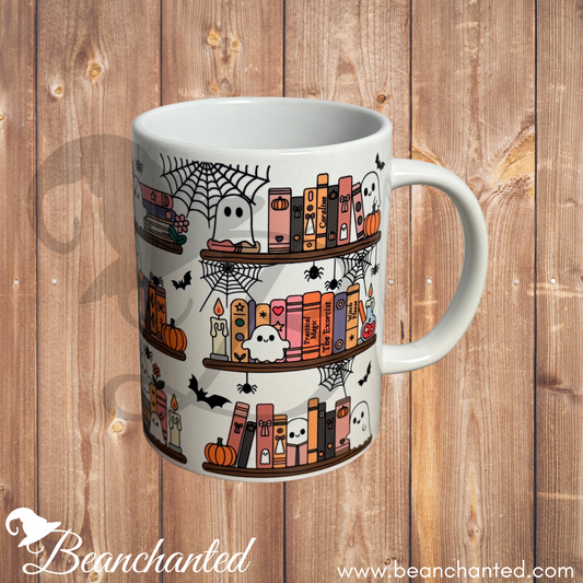 Halloween Mug "Ghostly Bookshelf"