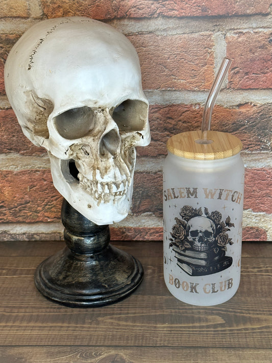 Halloween 16oz Glass Can "Salem Book Club"