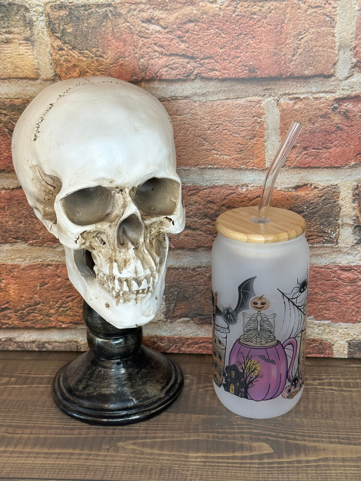 Halloween 16oz Glass Can "Skull Latte"