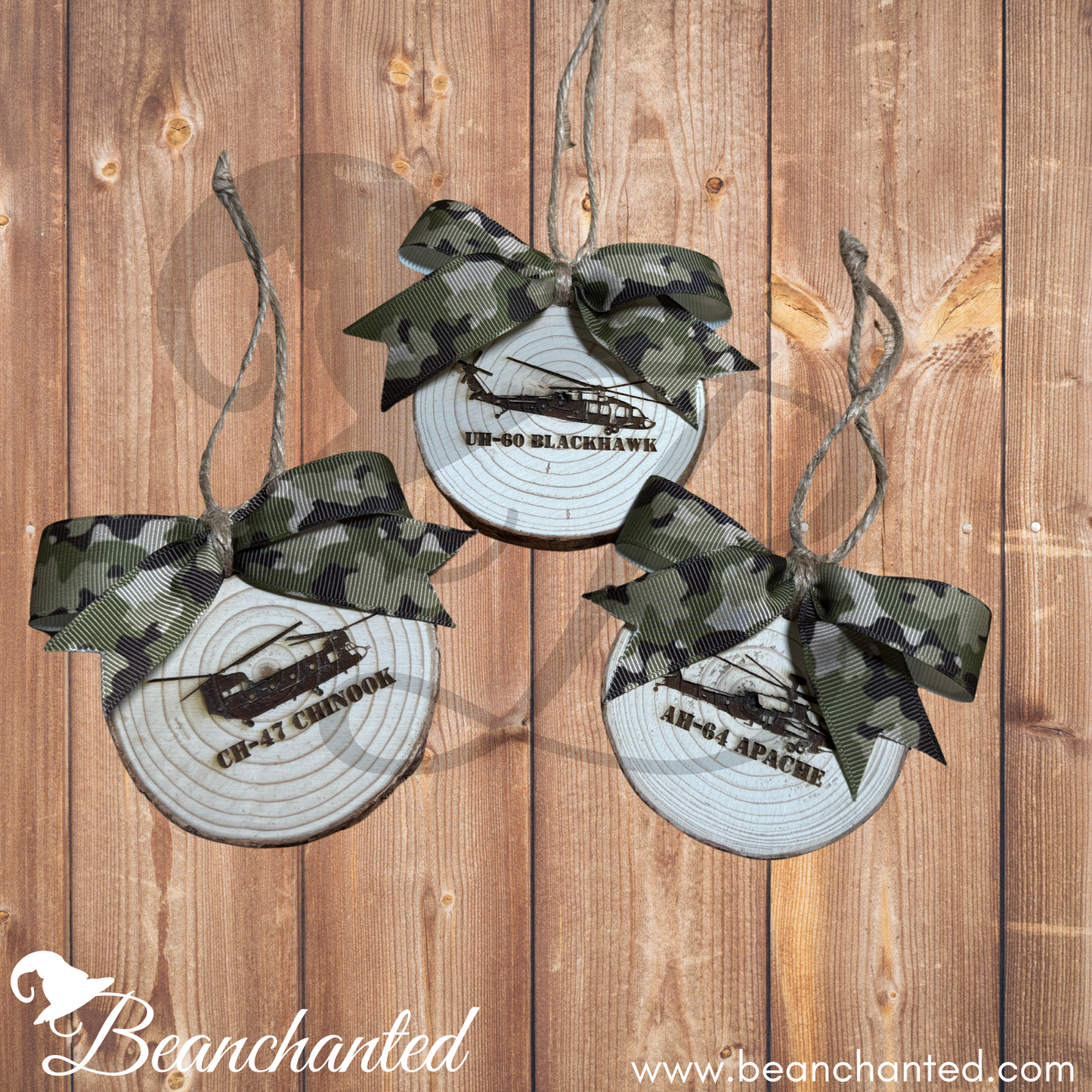 Wood Slice Ornament HELICOPTER - Apache, Blackhawk, Chinook